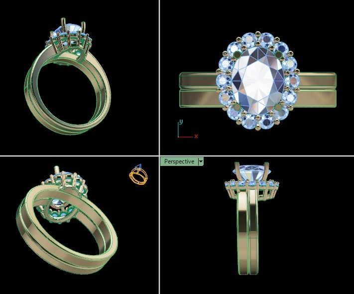 Stack Oval Diamond Halo Engagement Ring Set 3D print model_6