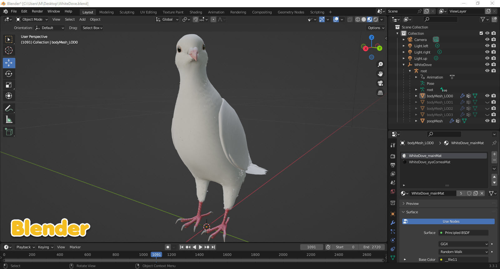 Realistic Animated White Dove Low-poly Low-poly 3D model_12