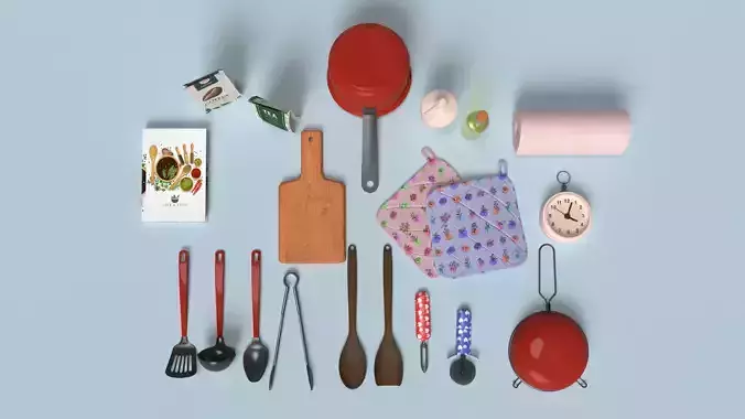 Kitchen Set utensils and cooking utensils Low-poly 3D model