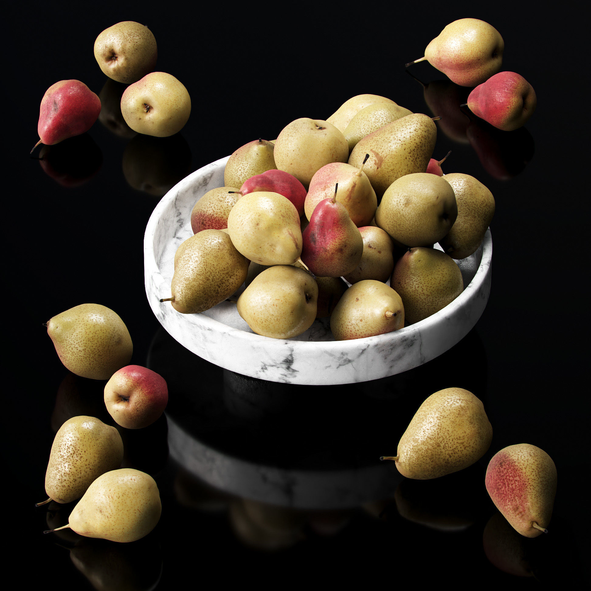 Trout pears in marble fruit bowl