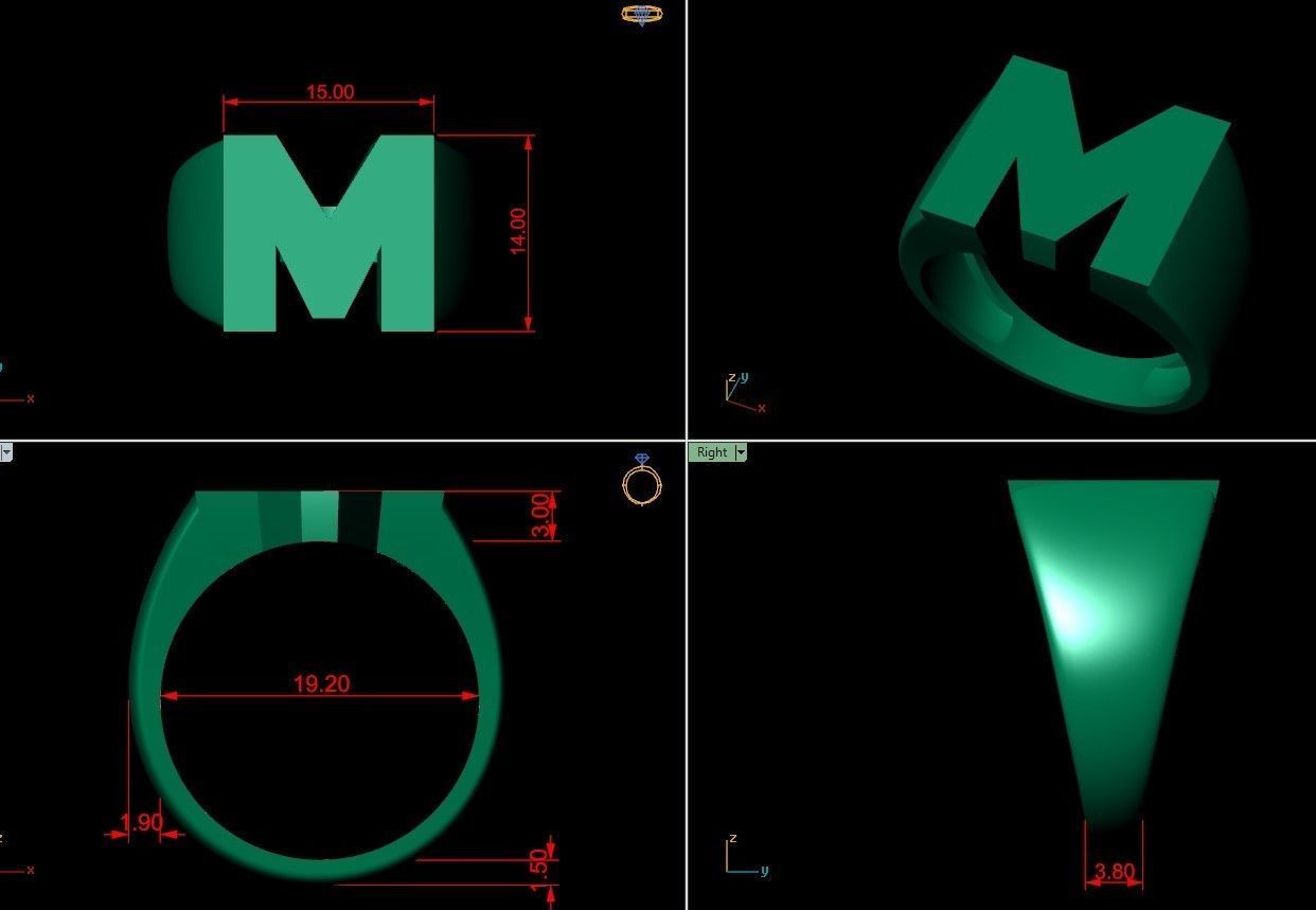 M Letter  Plain Gold Ring  3D print model_4