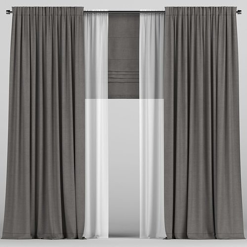 Curtains with tulle and roman blinds 3D model