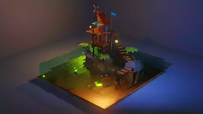 SeaShack island with light Low-poly 3D model