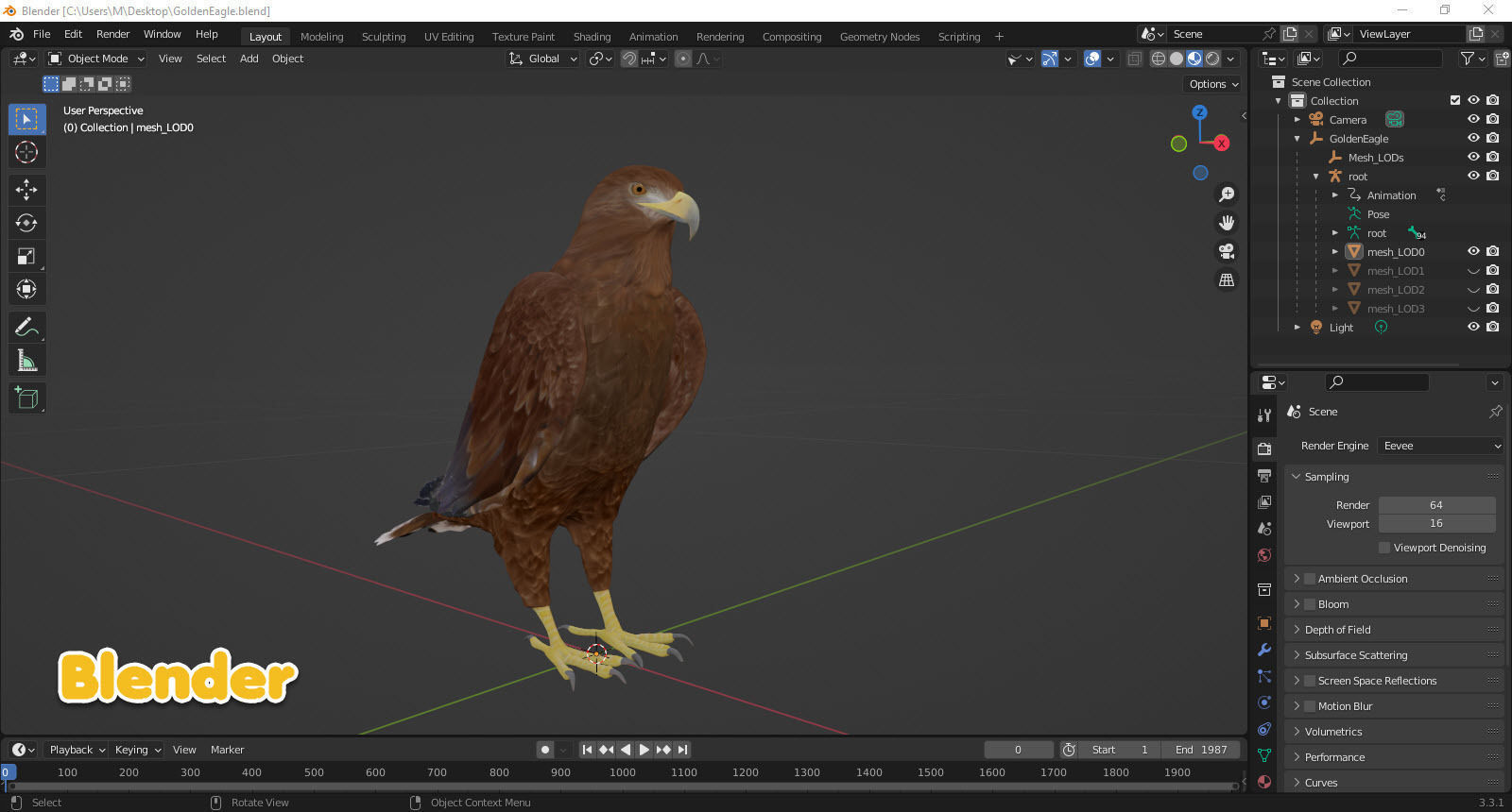 Realistic Animated Golden Eagle Low-poly 3D model_11