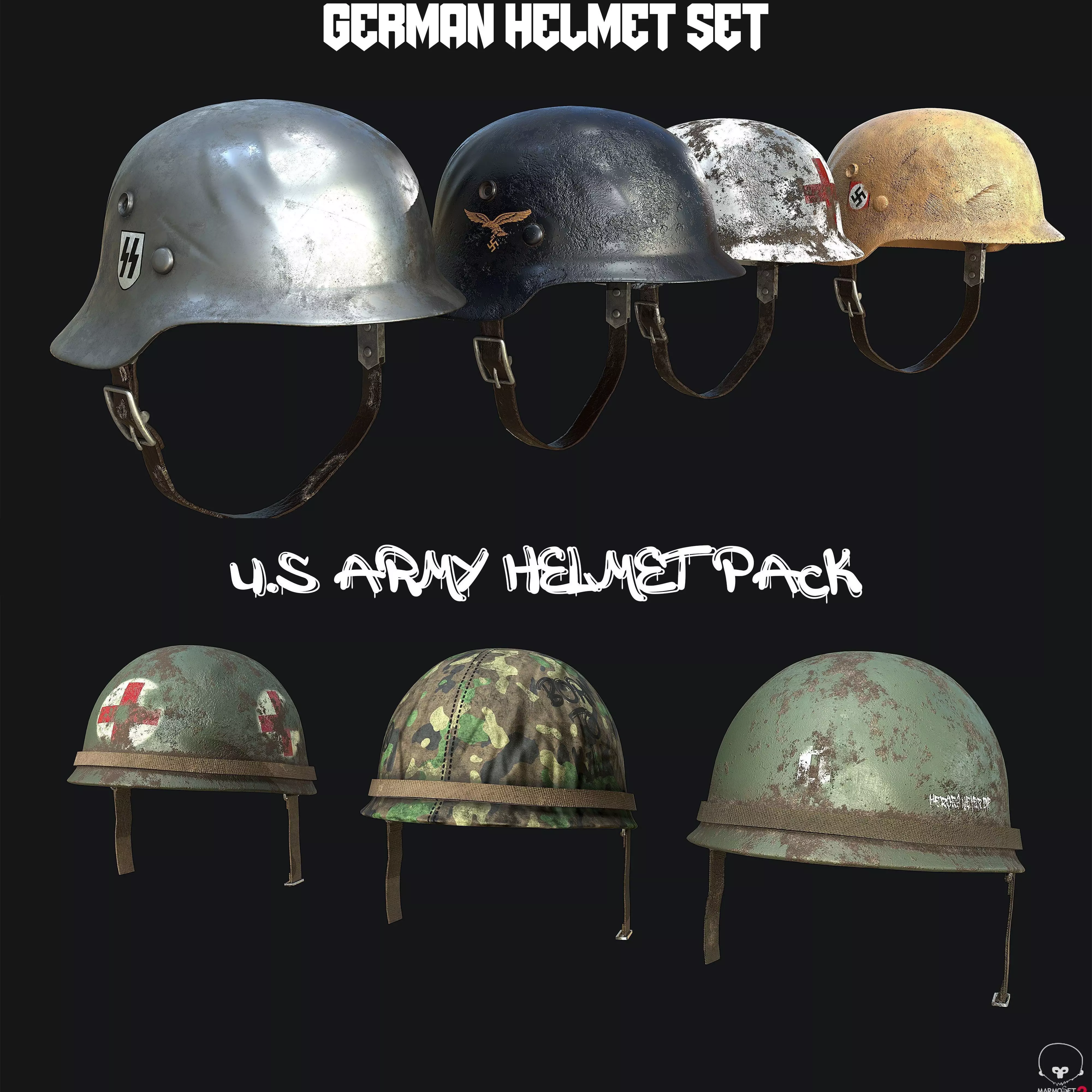 WW2 US and German Army Helmet PBR 3D Model Collection_0