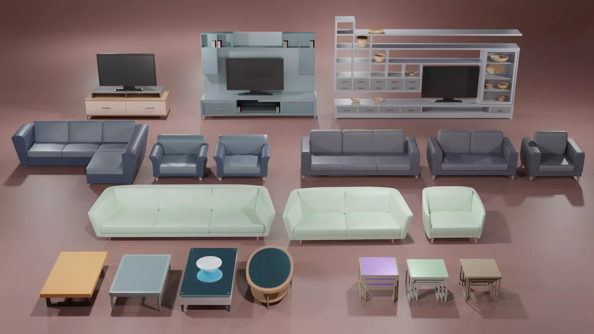 Furniture Set entertainment center with tv Low-poly 3D model