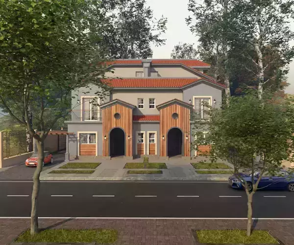 villa house with two cars on street