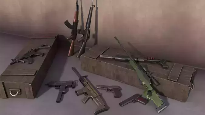 Guns collection and other weapons in box Low-poly 3D model