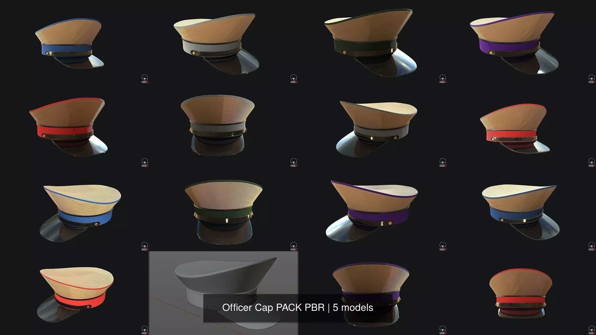 Officer Cap PACK PBR 3D Model Collection_0