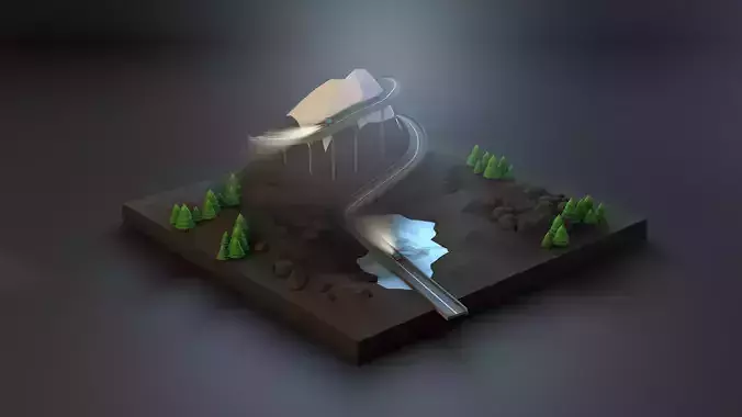 Lowpoly Road mountain with trees and bridge