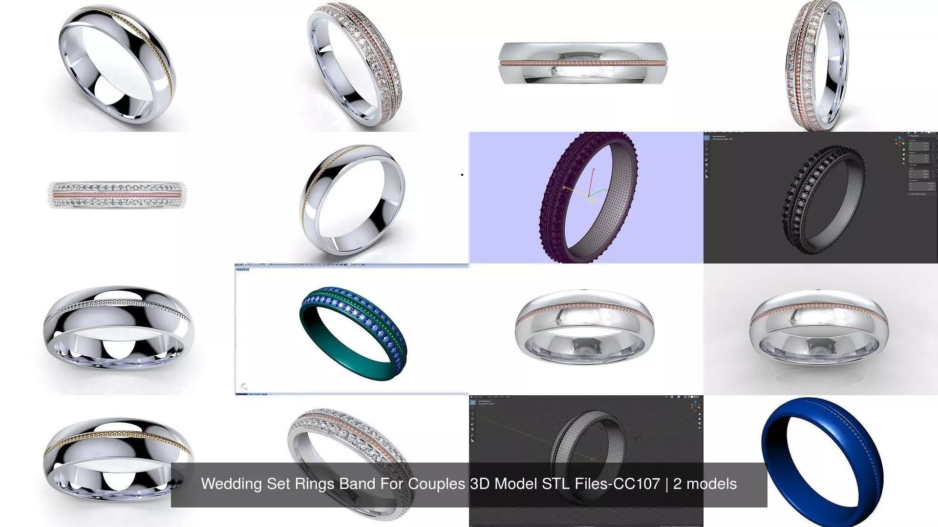 Wedding Set Rings Band For Couples 3D Model STL Files-CC107 3D Model Collection_1