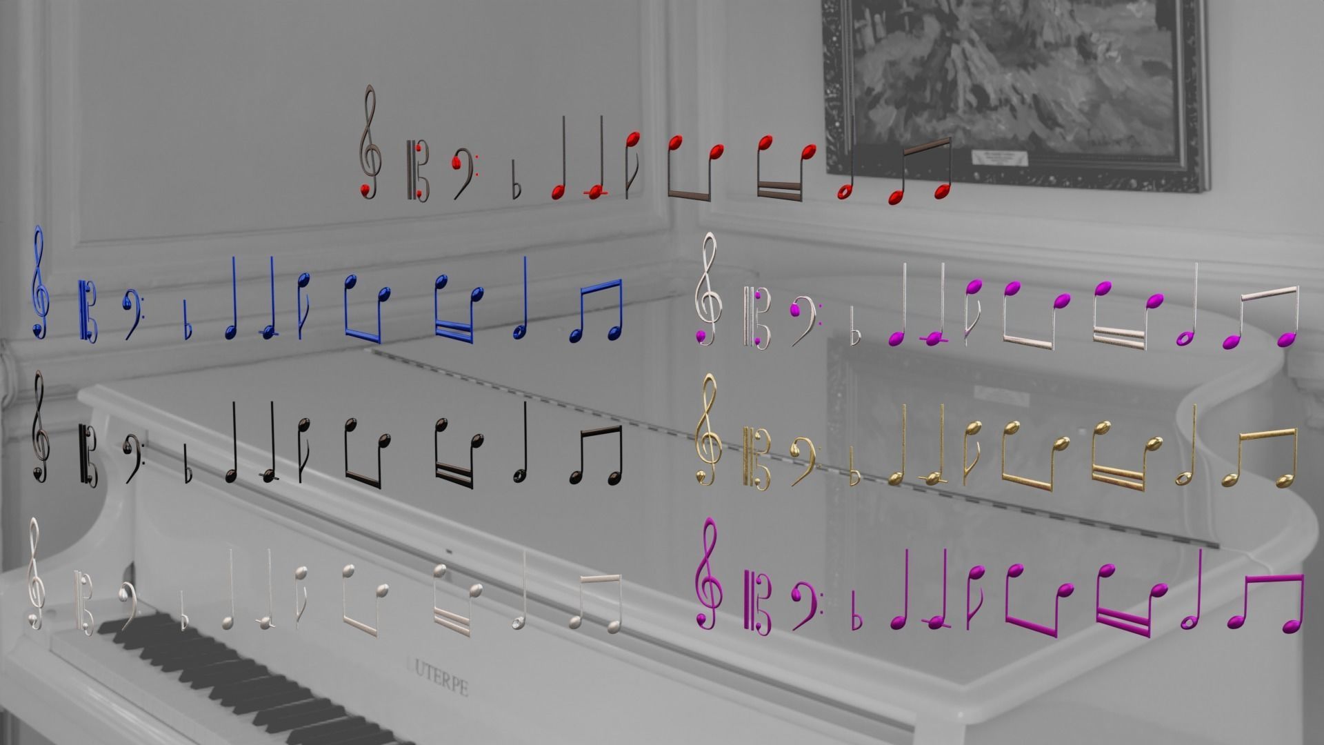 Notes music on piano Low-poly 3D model_1