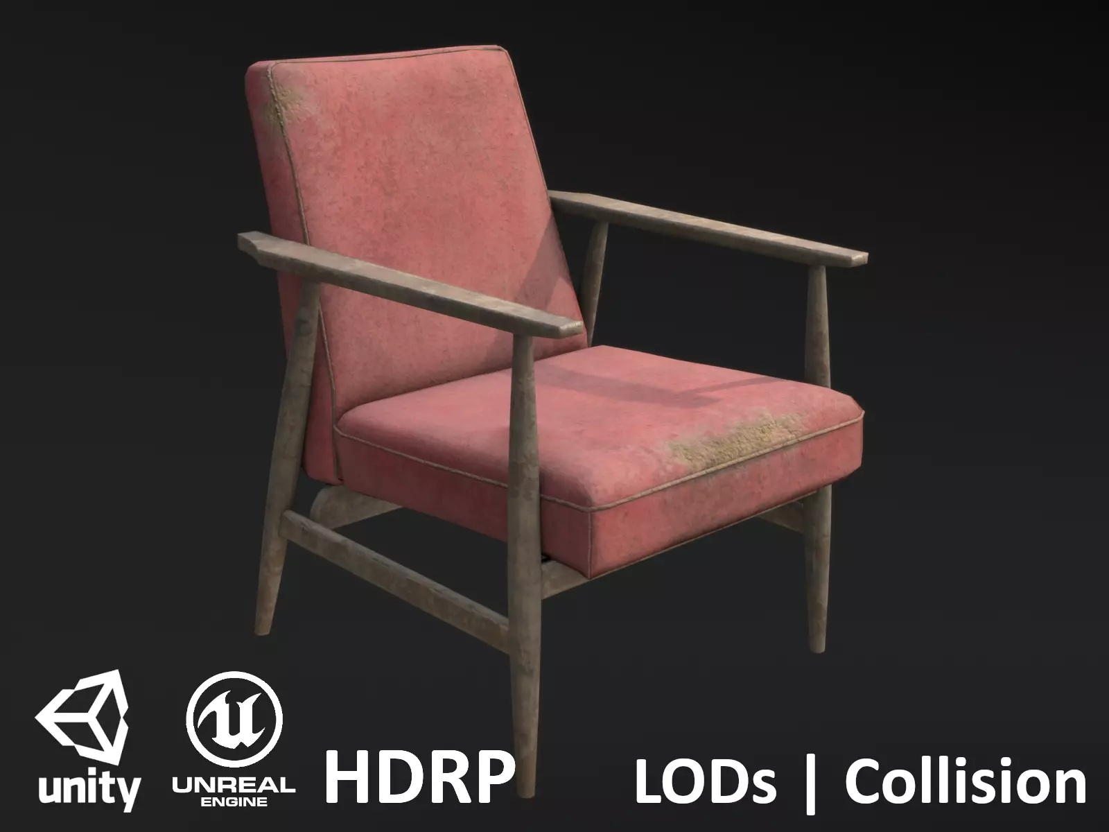 Soviet Armchair Lisek Red Damaged Low-poly 3D model_0