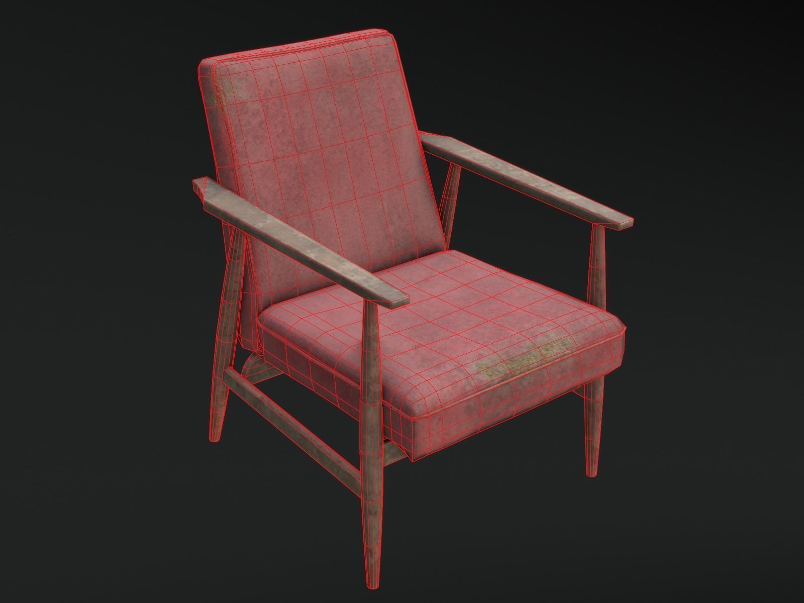 Soviet Armchair Lisek Red Damaged Low-poly 3D model_10