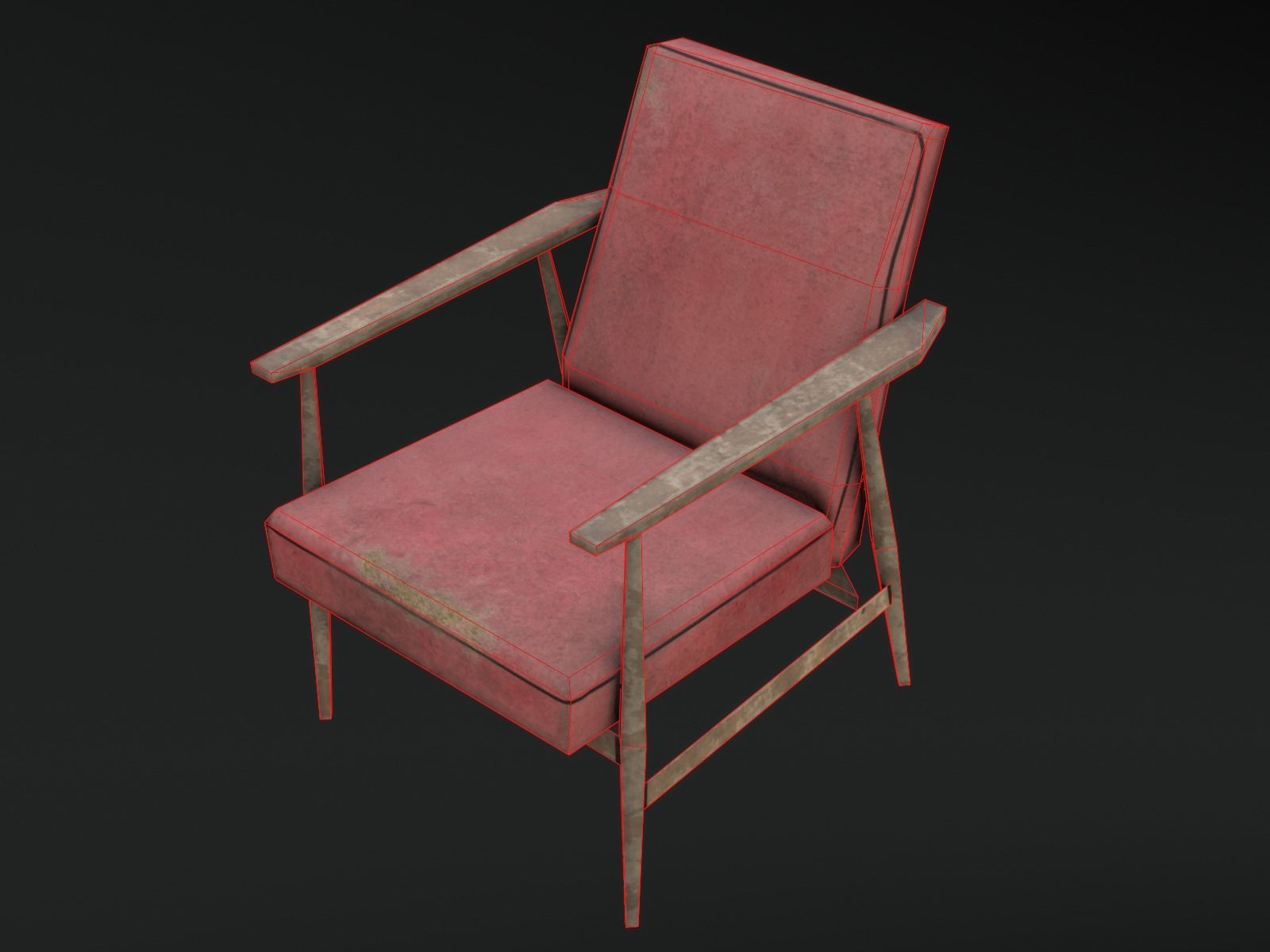 Soviet Armchair Lisek Red Damaged Low-poly 3D model_17