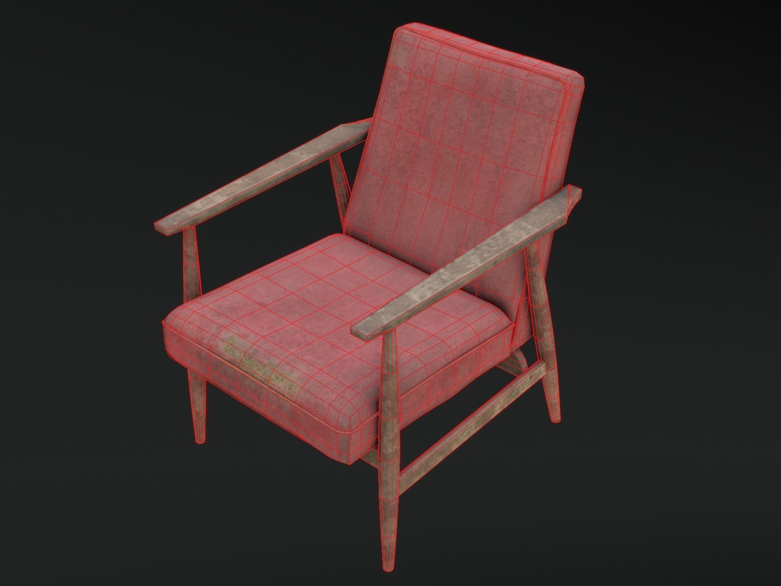 Soviet Armchair Lisek Red Damaged Low-poly 3D model_14