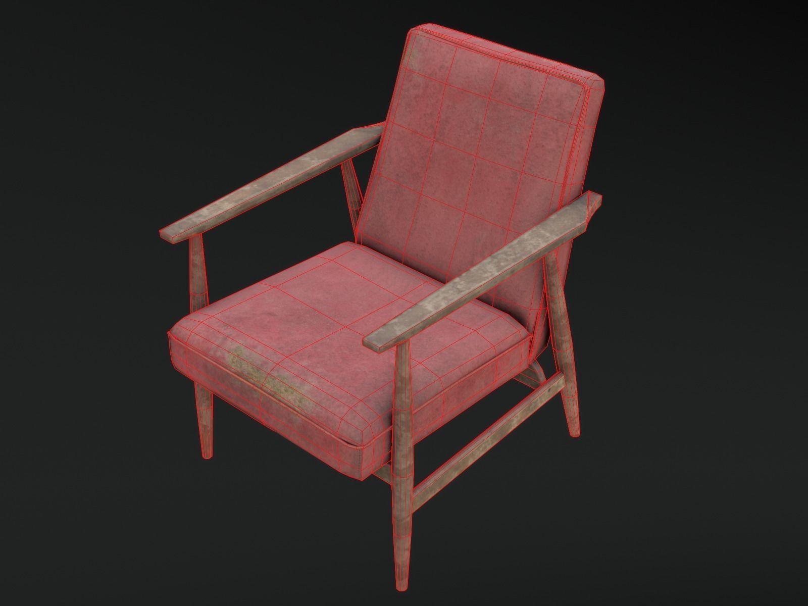 Soviet Armchair Lisek Red Damaged Low-poly 3D model_15