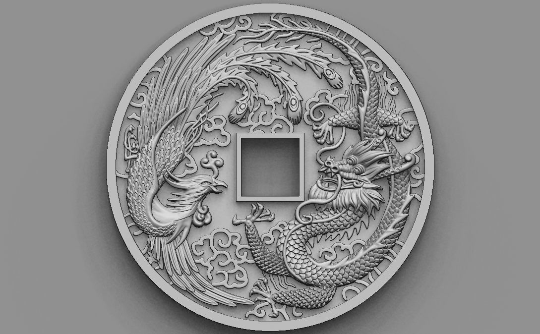 Dragon and phoenix lucky coin 3D print model 3D print model_26