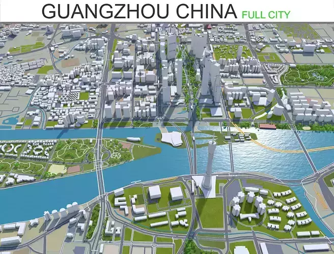 Guangzhou City in China 220km Low-poly 3D model