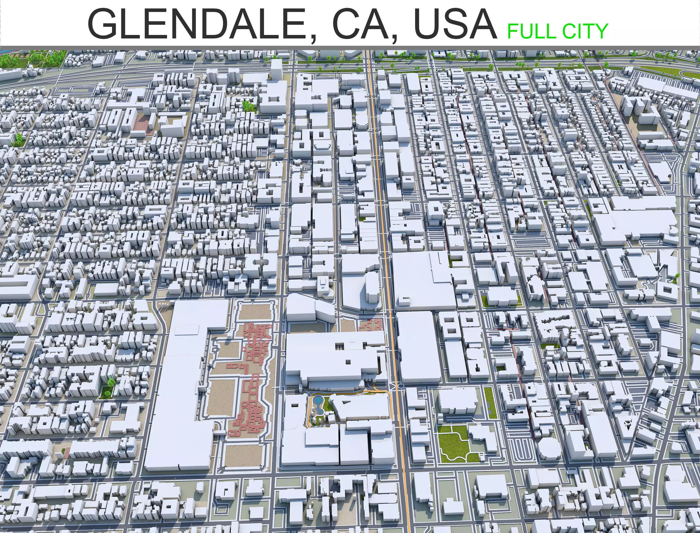 Glendale City in California USA 30km Low-poly 3D model