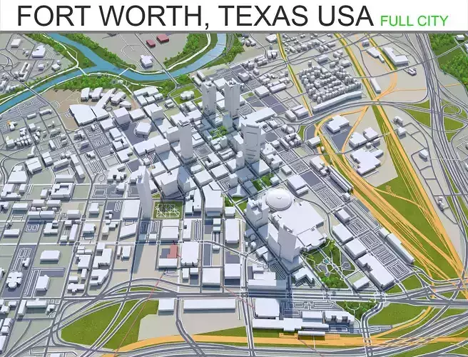Fort Worth City in Texas USA 80km Low-poly 3D model