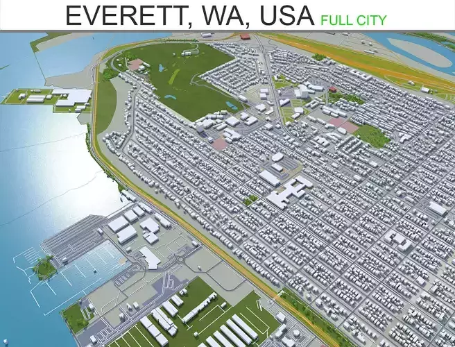 Everett City in Washington USA 50km Low-poly 3D model