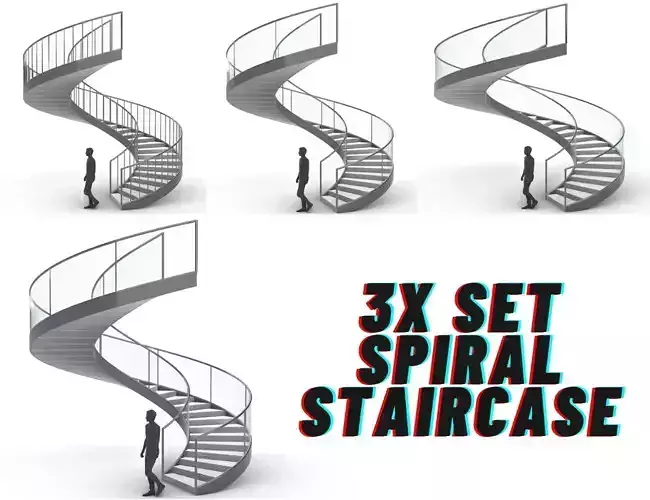 Spiral Staircase Set of 3 types of railings Architectural Detail 3D model