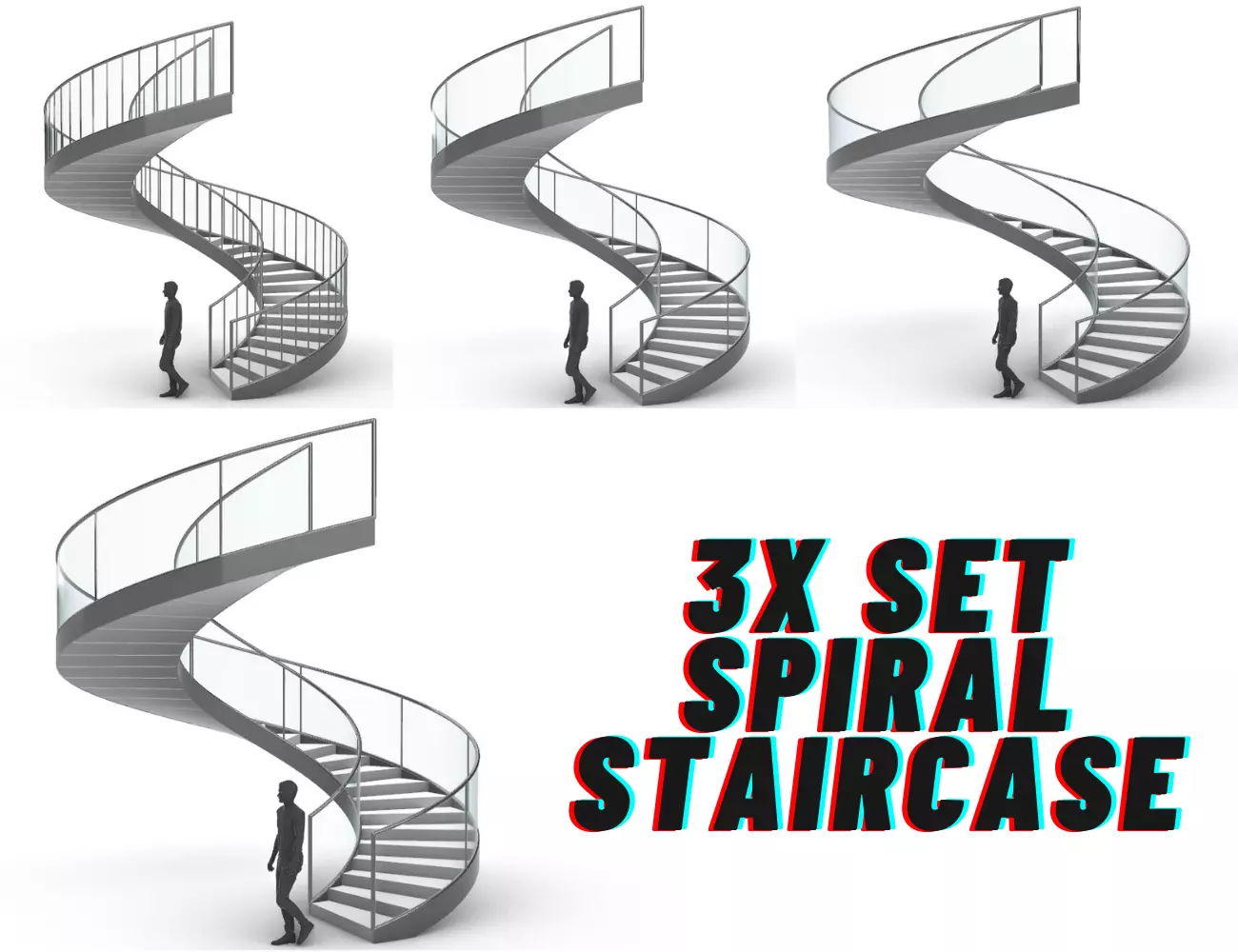 Spiral Staircase Set of 3 types of railings Architectural Detail 3D model_0