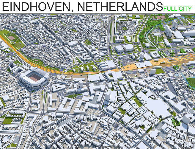 Eindhoven City in Netherlands 30km Low-poly 3D model