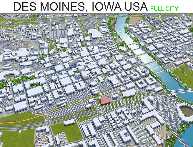 Des Moines City in Iowa USA 40km Low-poly 3D model