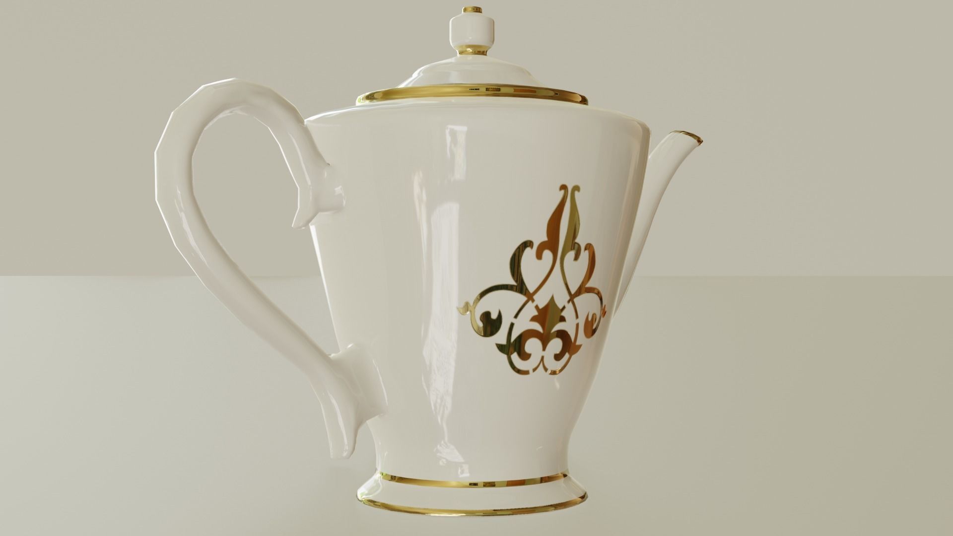 Teapot porcelain coffee pot with gold trim 3D model_6