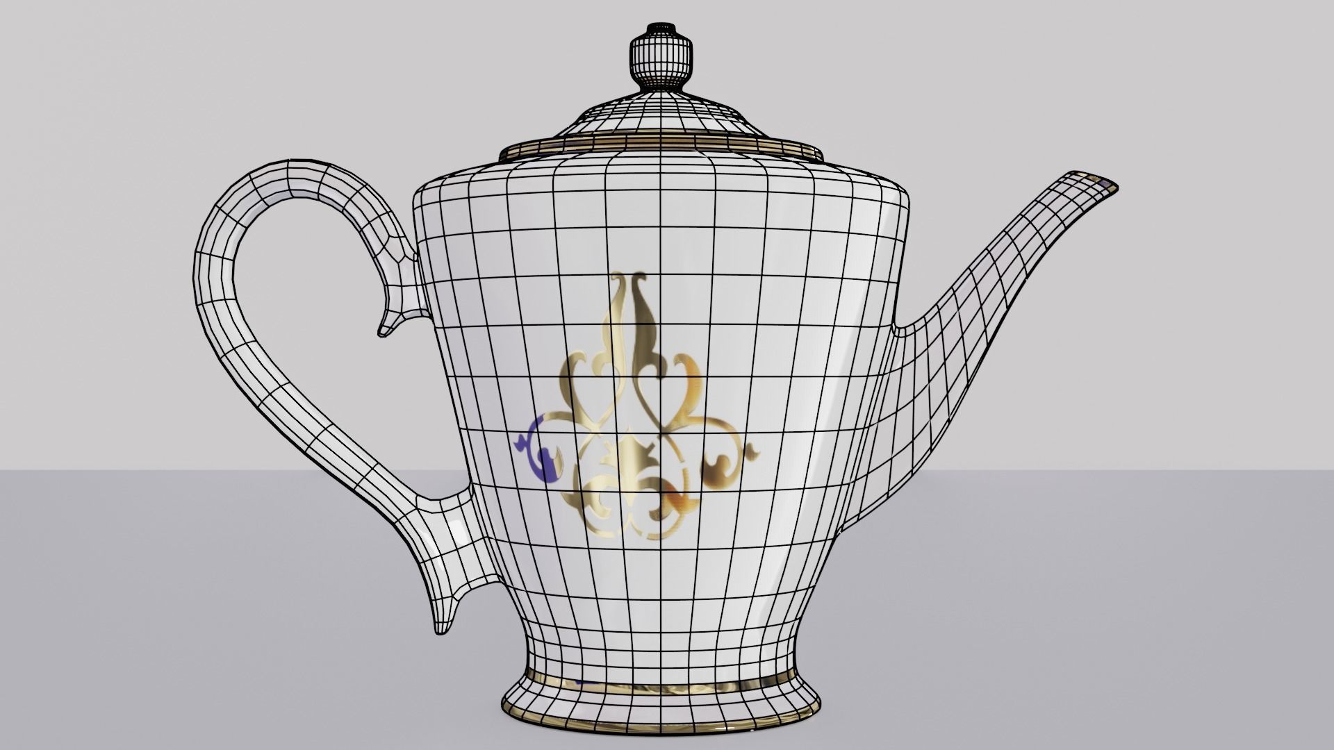 Teapot porcelain coffee pot with gold trim 3D model_1