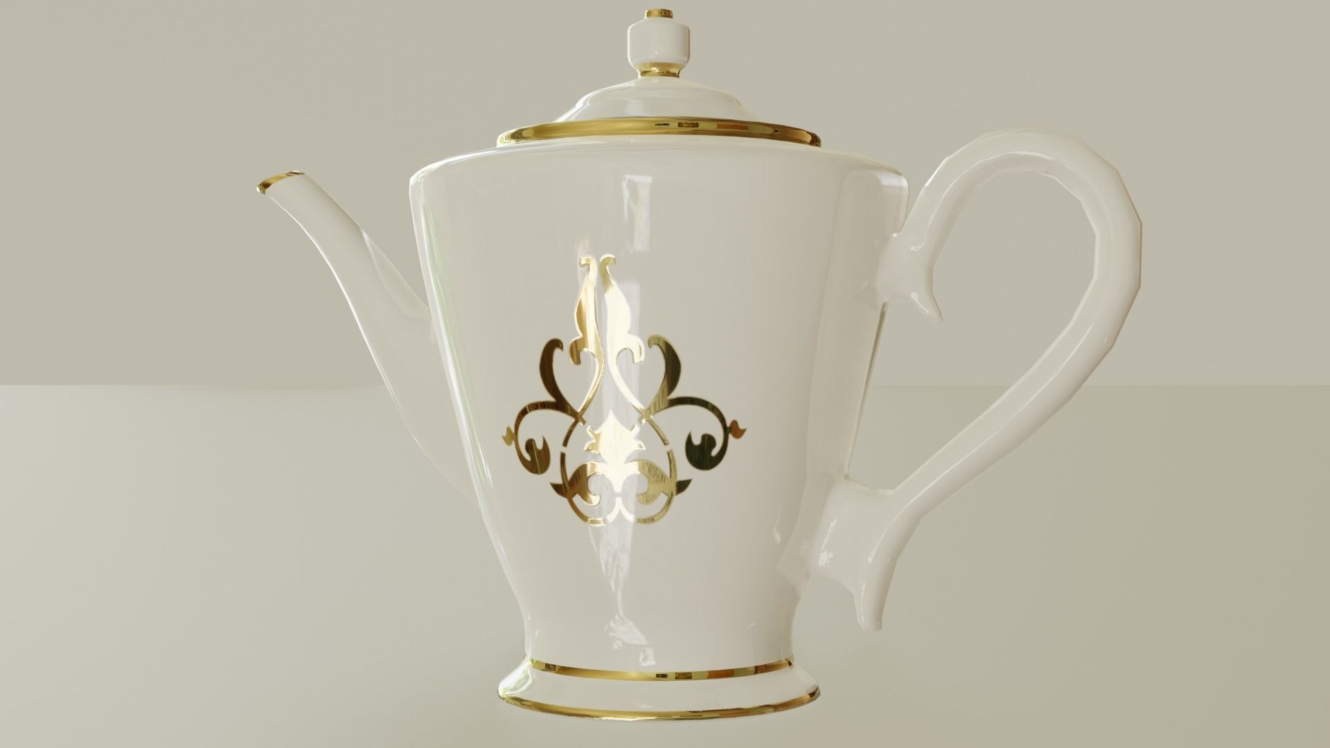 Teapot porcelain coffee pot with gold trim 3D model_8