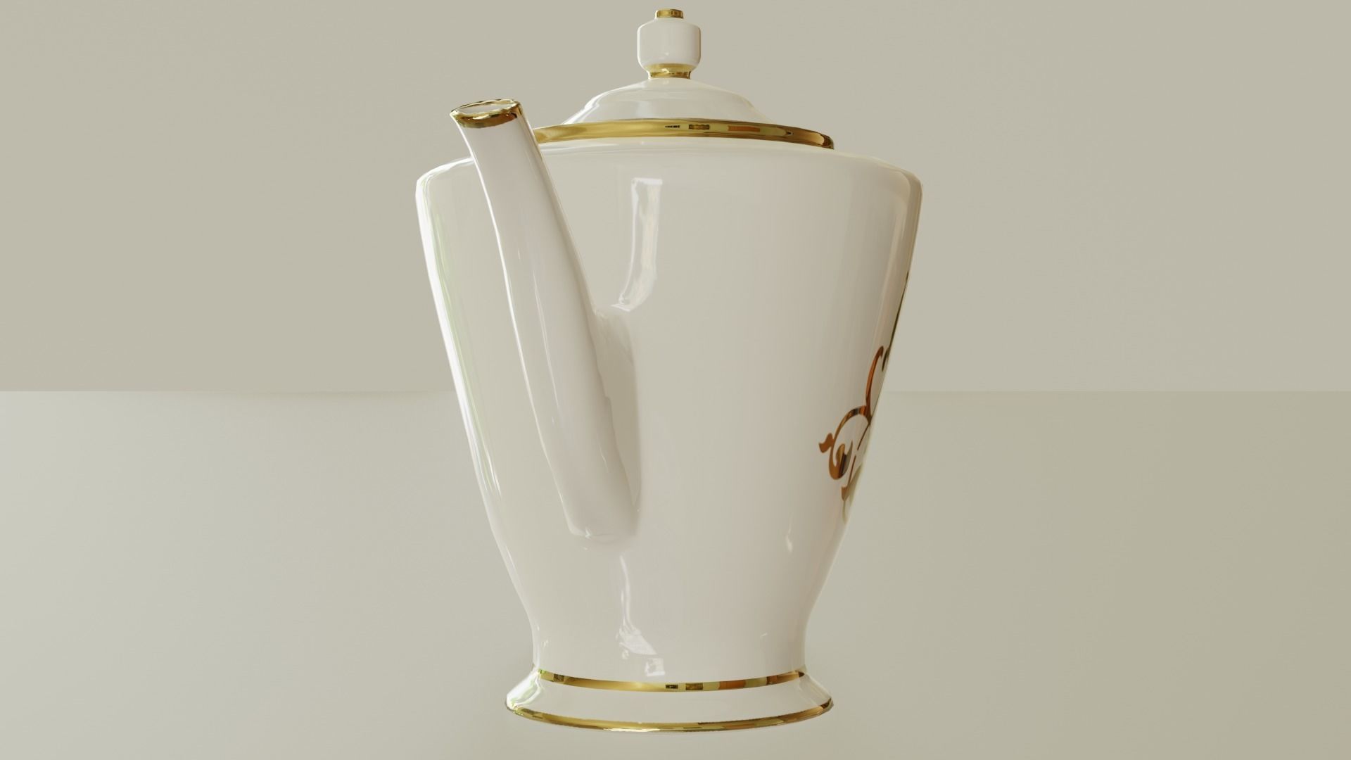 Teapot porcelain coffee pot with gold trim 3D model_4