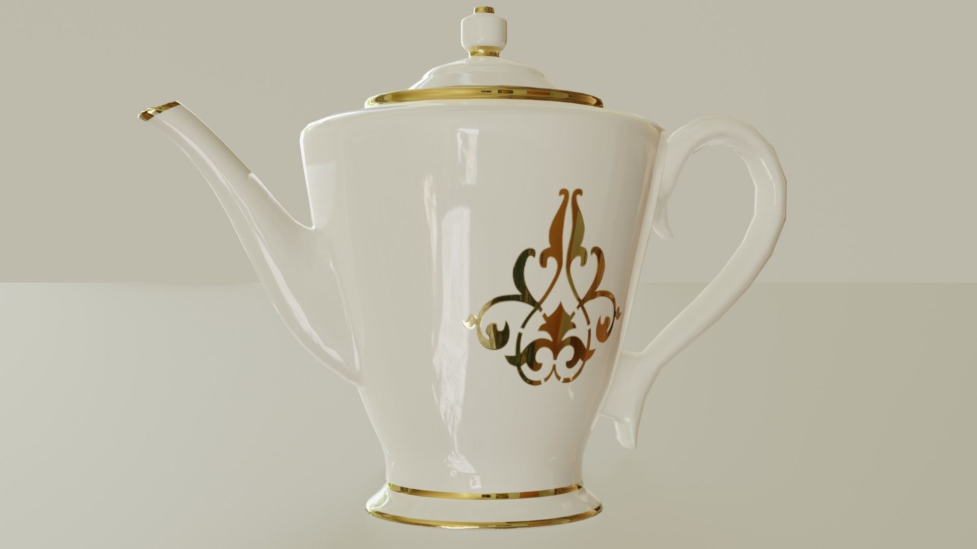 Teapot porcelain coffee pot with gold trim 3D model_3
