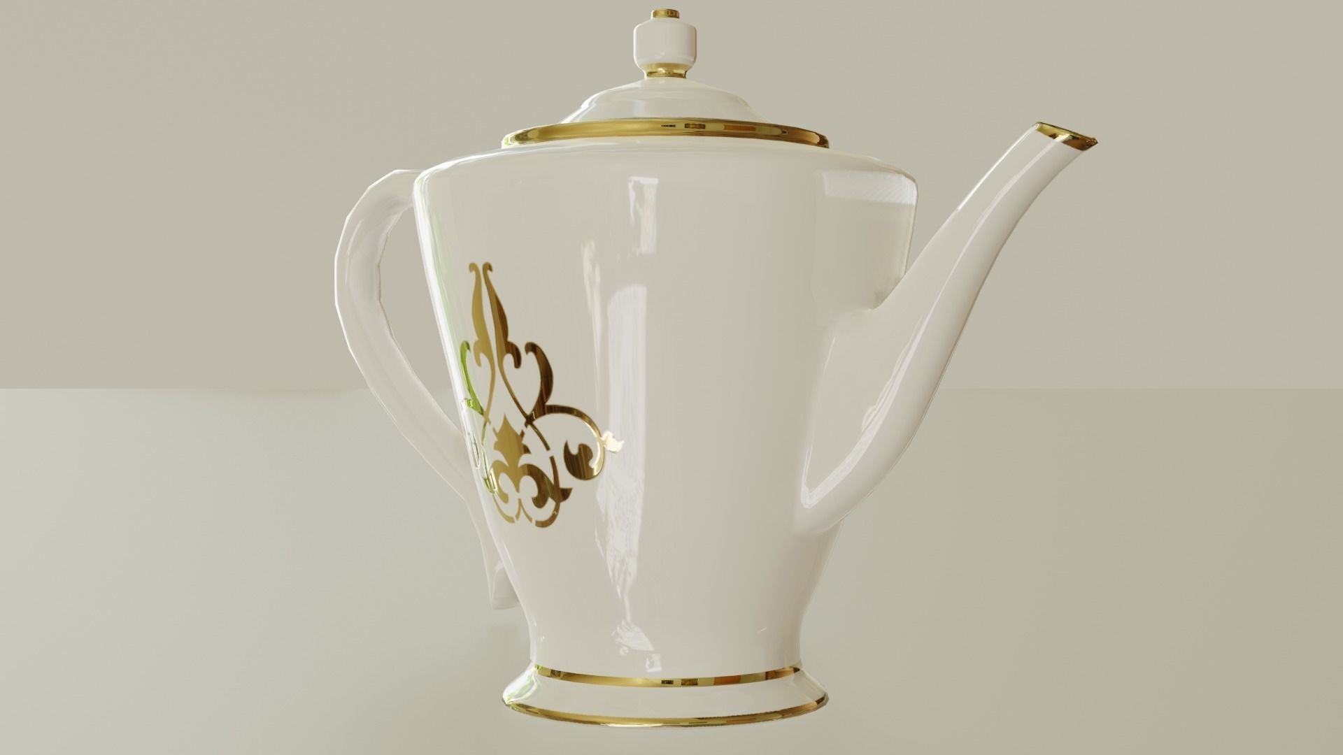 Teapot porcelain coffee pot with gold trim 3D model_5