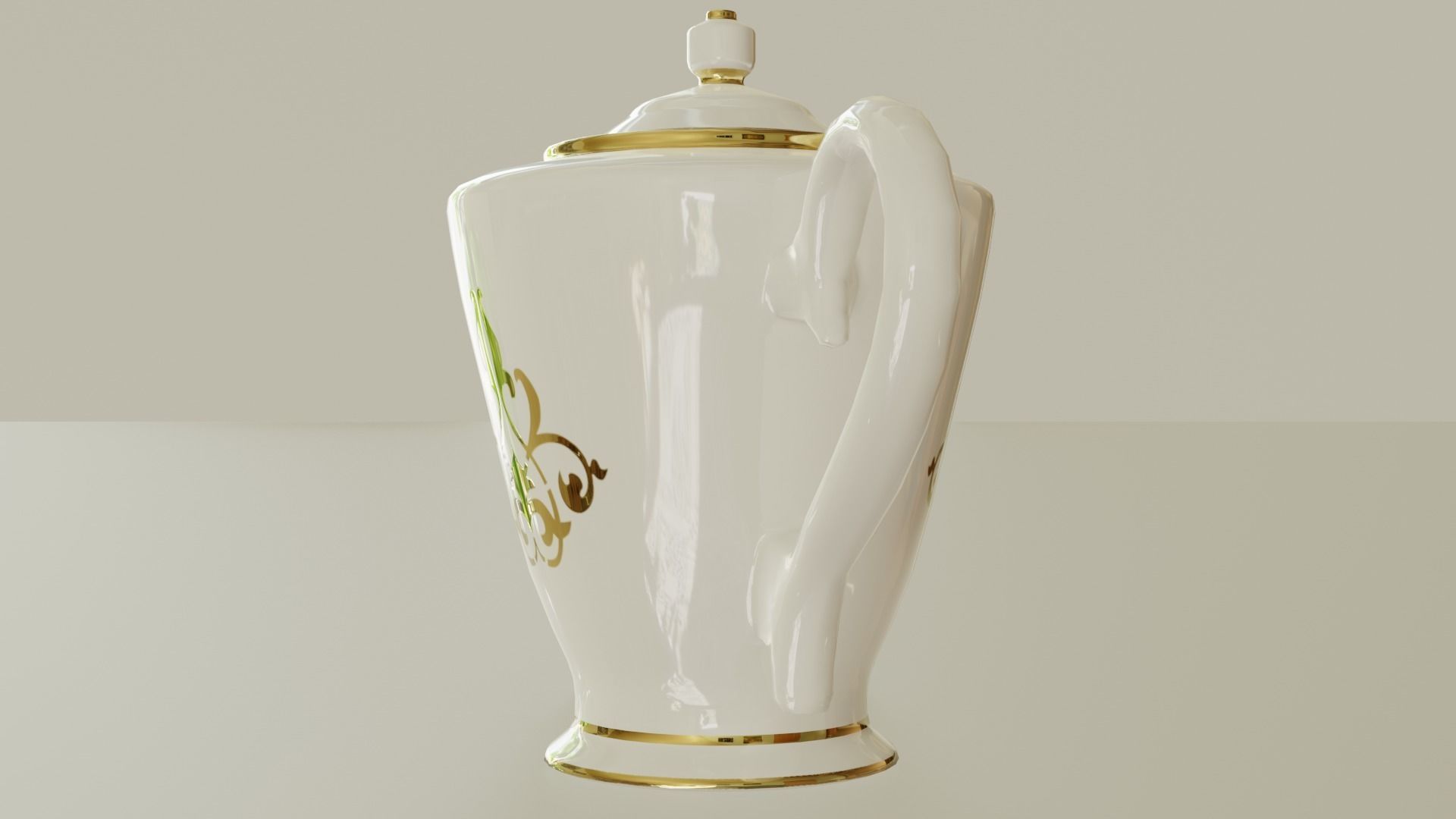 Teapot porcelain coffee pot with gold trim 3D model_7