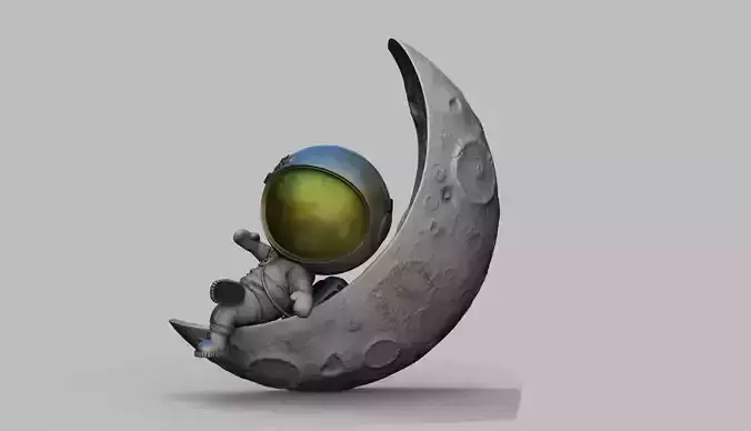 CUTE CHIBI SPACEMAN ON HALF MOON 3D PRINT MODEL  3D print model