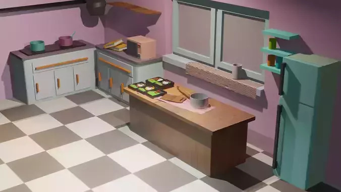 Kitchen Lowpoly 3dmodel with checkered floor