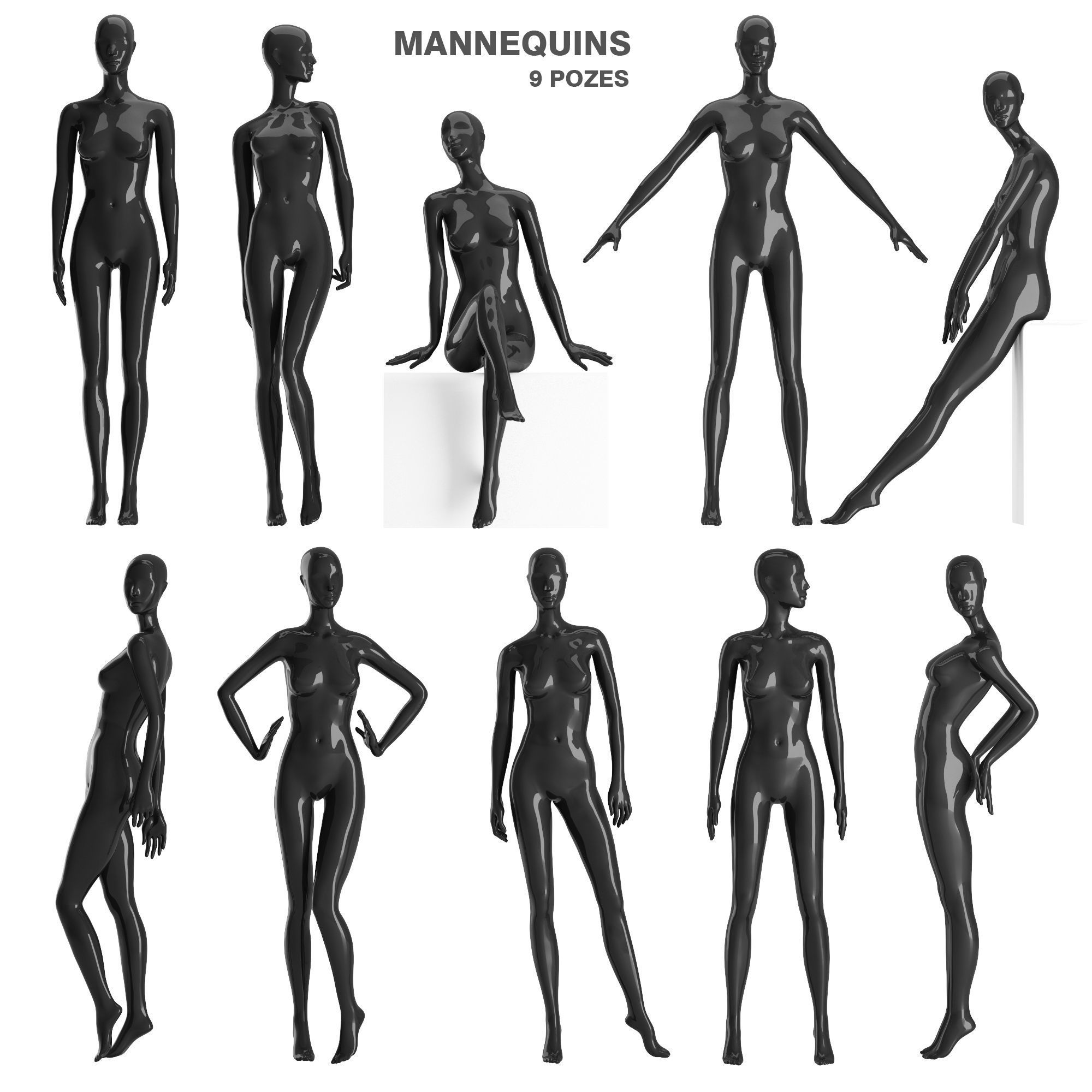 Set of female Mannequins 9 pozes 3D model