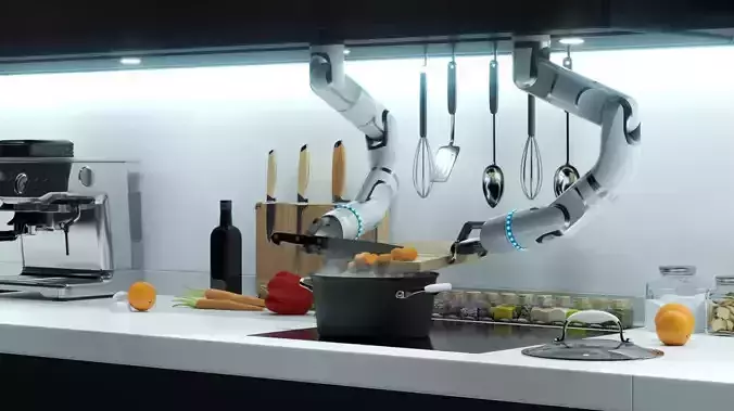 Robot Chef cooking soup 3d realistic animated scene Vray 3D model