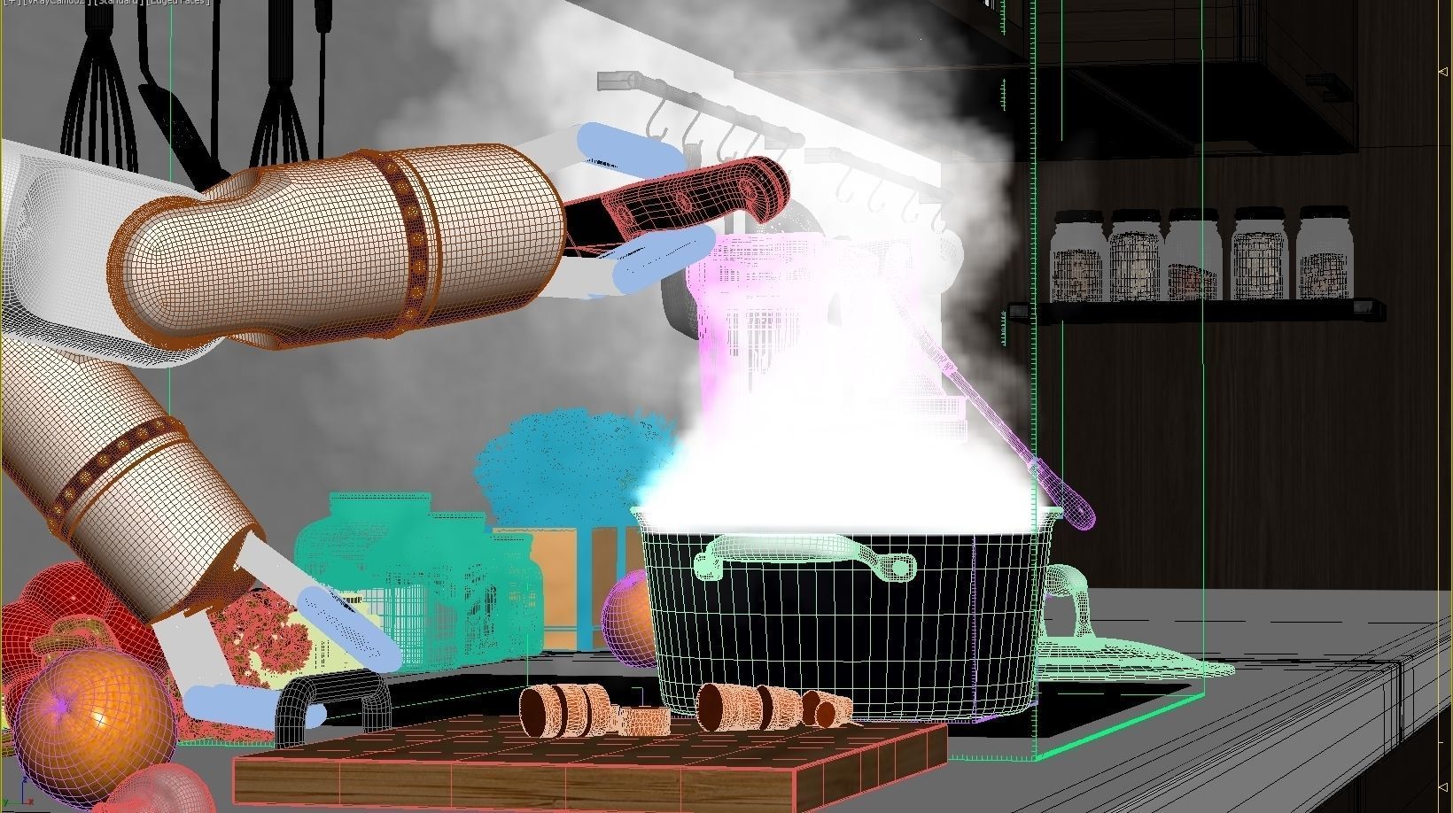 Robot Chef cooking soup 3d realistic animated scene Vray 3D model_10