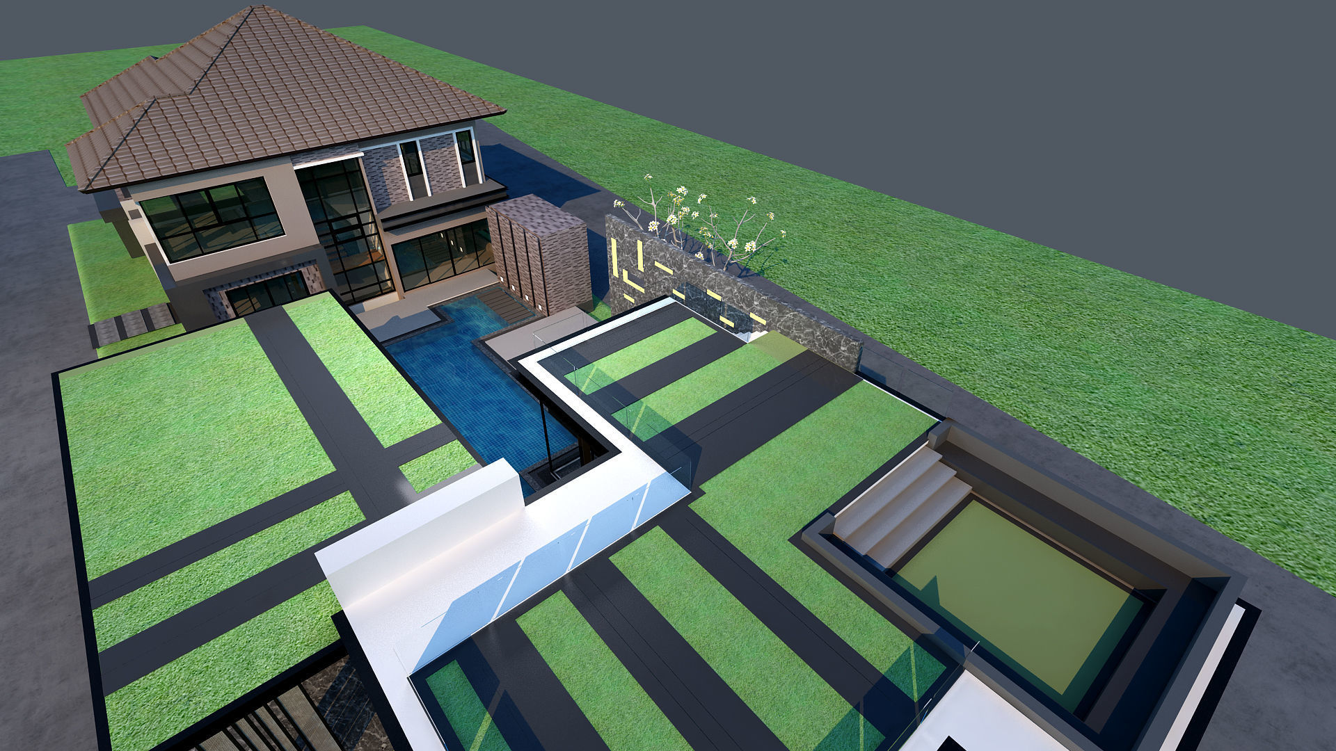 HQ Luxury Modern Pool Villa design with Bar Rooftop party area 3D model_4