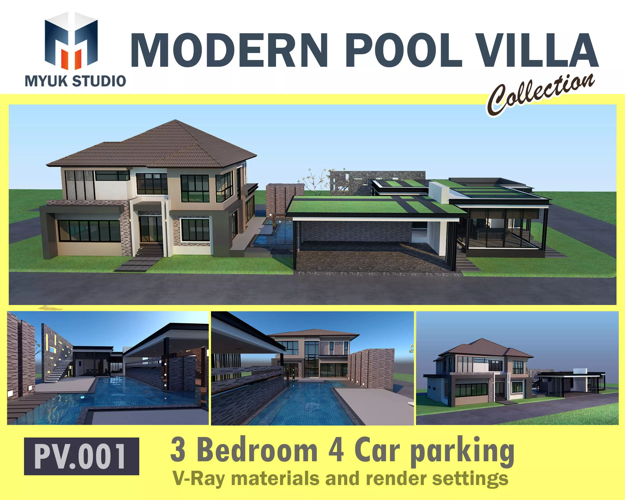HQ Luxury Modern Pool Villa design with Bar Rooftop party area 3D model_0