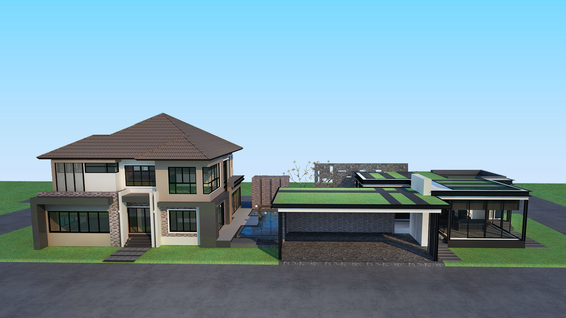 HQ Luxury Modern Pool Villa design with Bar Rooftop party area 3D model_1