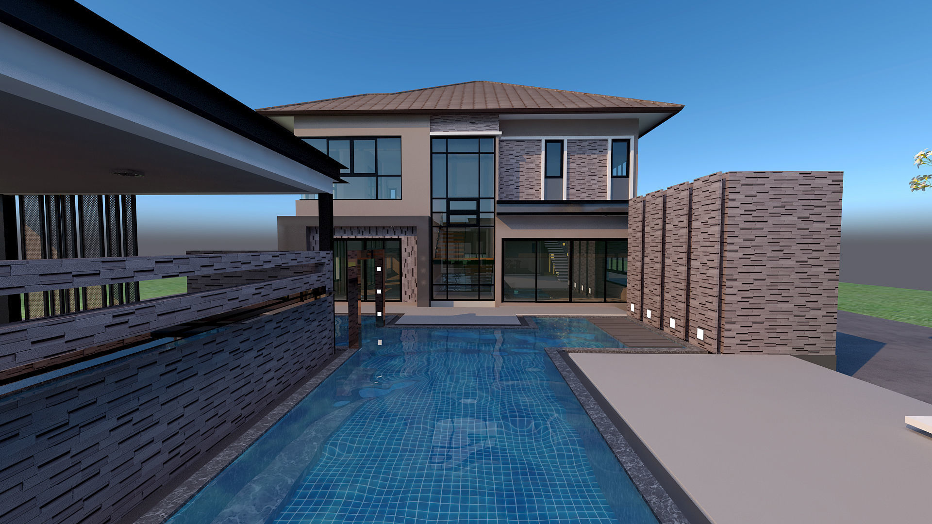 HQ Luxury Modern Pool Villa design with Bar Rooftop party area 3D model_6