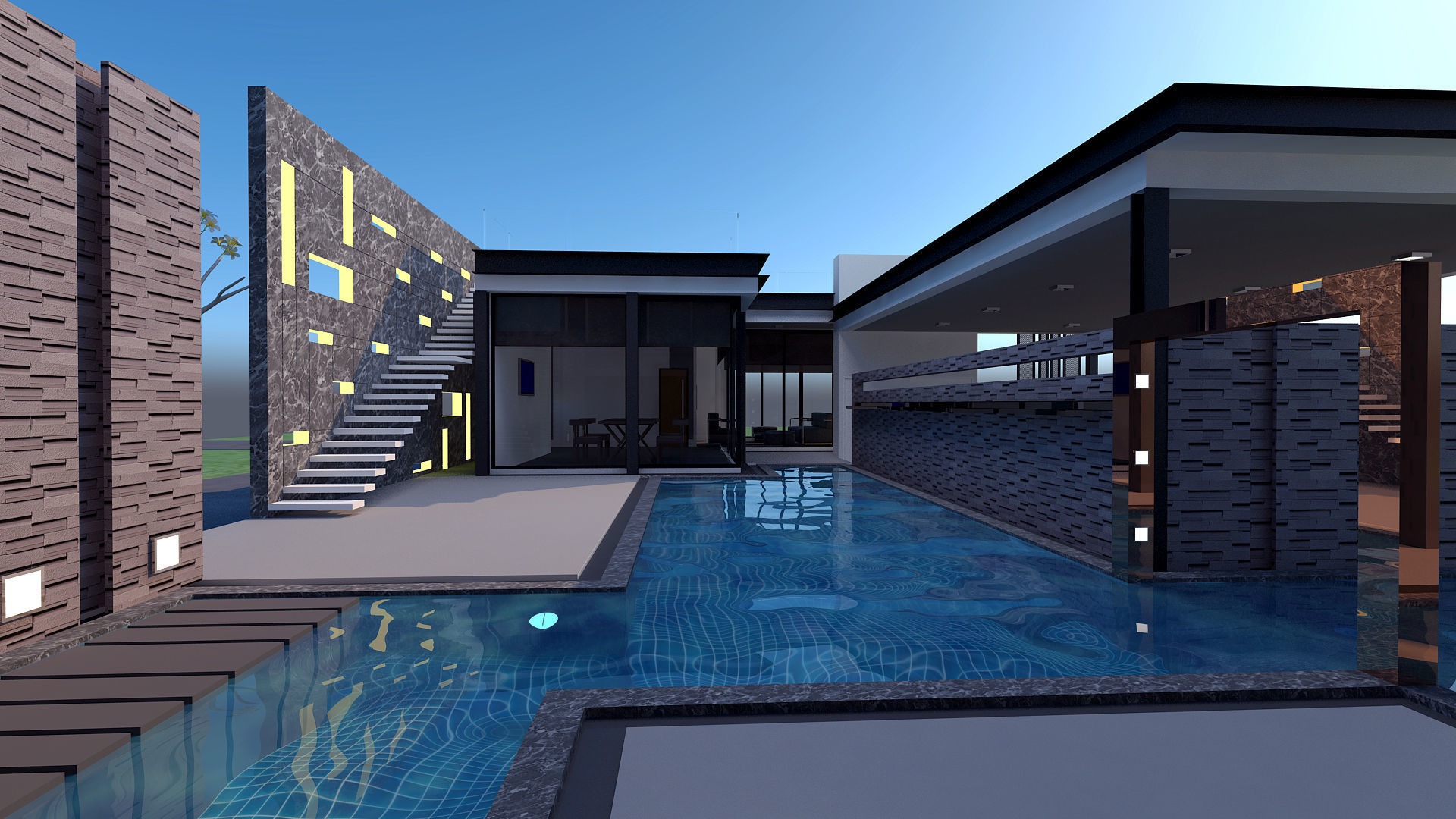 HQ Luxury Modern Pool Villa design with Bar Rooftop party area 3D model_8