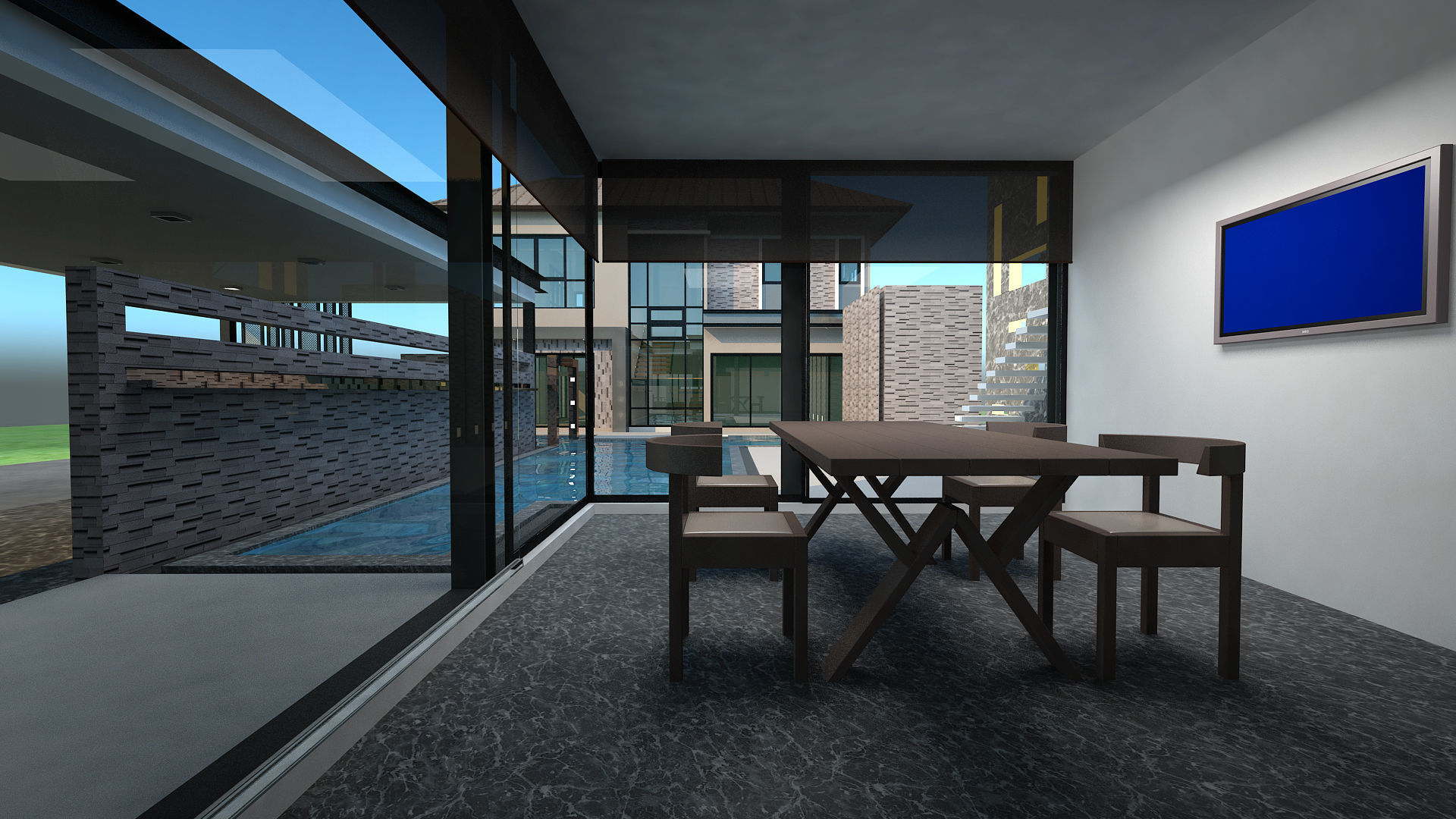 HQ Luxury Modern Pool Villa design with Bar Rooftop party area 3D model_11