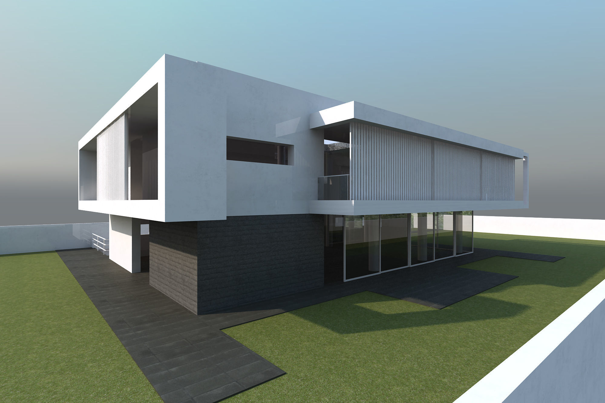 Exterior scene modern single house design in contemporary style Low-poly 3D model_8