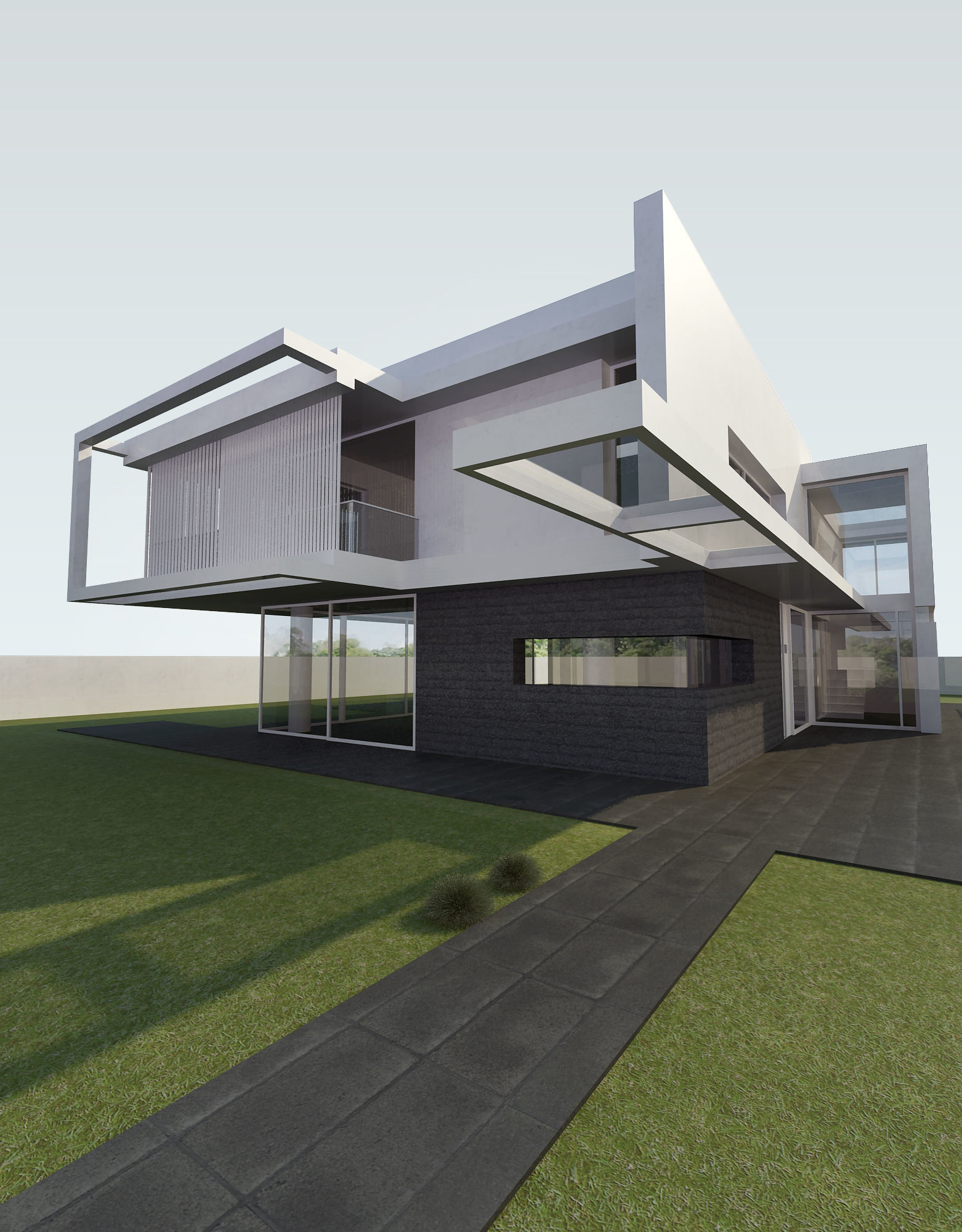 Exterior scene modern single house design in contemporary style Low-poly 3D model_1